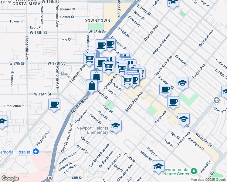 map of restaurants, bars, coffee shops, grocery stores, and more near 225 Ogle Street in Costa Mesa