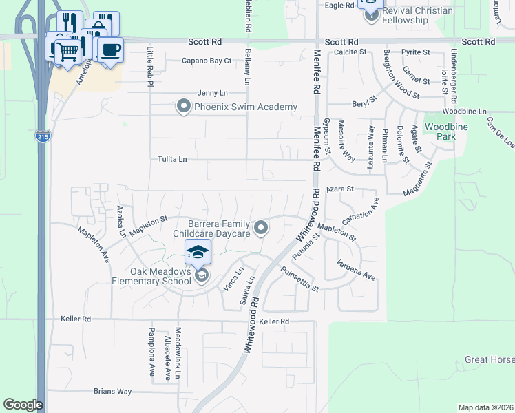 map of restaurants, bars, coffee shops, grocery stores, and more near 33578 Poppy Lane in Murrieta