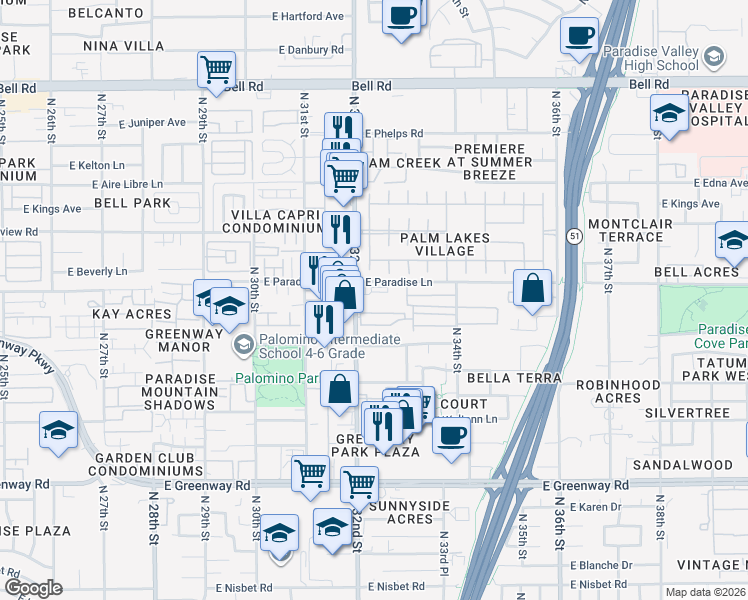 map of restaurants, bars, coffee shops, grocery stores, and more near 16033 North 32nd Street in Phoenix