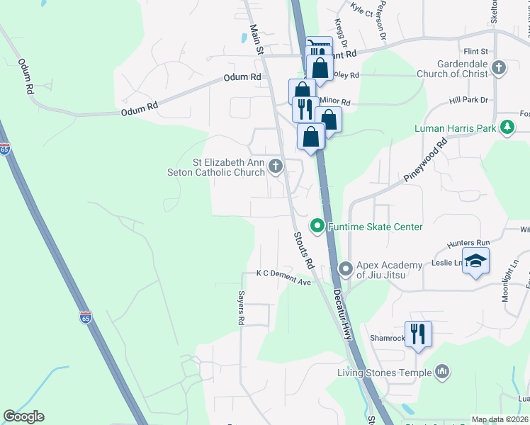map of restaurants, bars, coffee shops, grocery stores, and more near 330 Woodbrook Drive in Gardendale