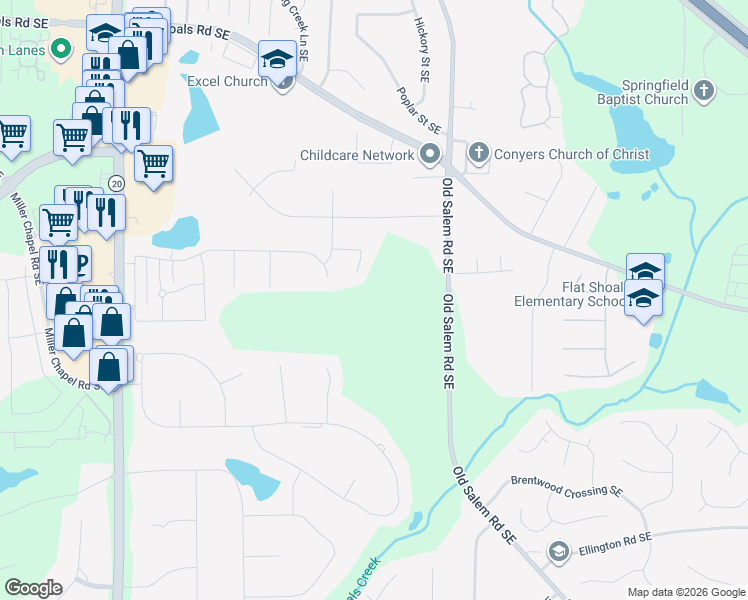 map of restaurants, bars, coffee shops, grocery stores, and more near 2165 Old Salem Road Southeast in Conyers