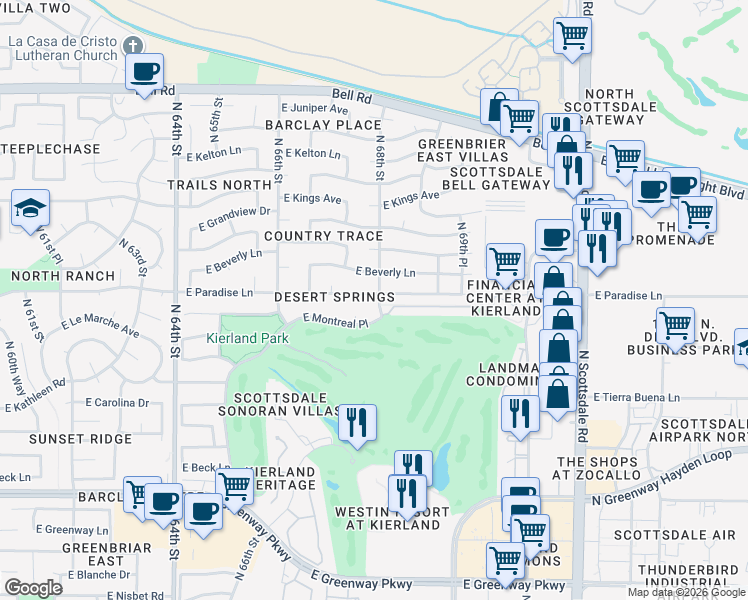 map of restaurants, bars, coffee shops, grocery stores, and more near 6769 East Paradise Lane in Scottsdale