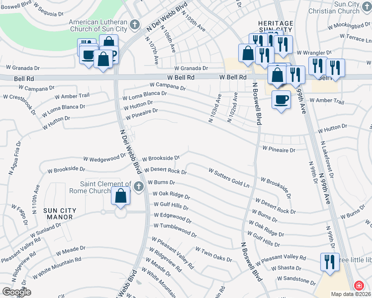 map of restaurants, bars, coffee shops, grocery stores, and more near 10502 West Brookside Drive in Sun City