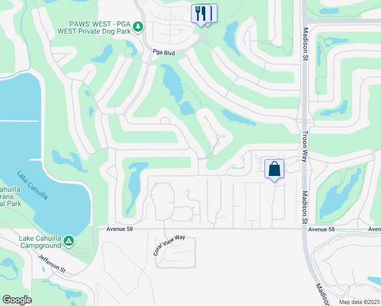 map of restaurants, bars, coffee shops, grocery stores, and more near 80425 Riviera in La Quinta