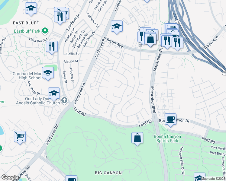 map of restaurants, bars, coffee shops, grocery stores, and more near 23 Colonial Drive in Newport Beach