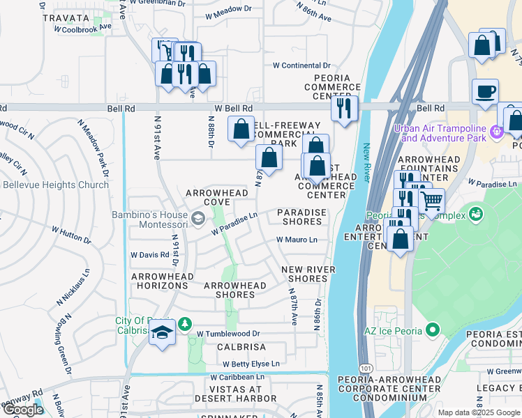 map of restaurants, bars, coffee shops, grocery stores, and more near 8662 West Paradise Lane in Peoria