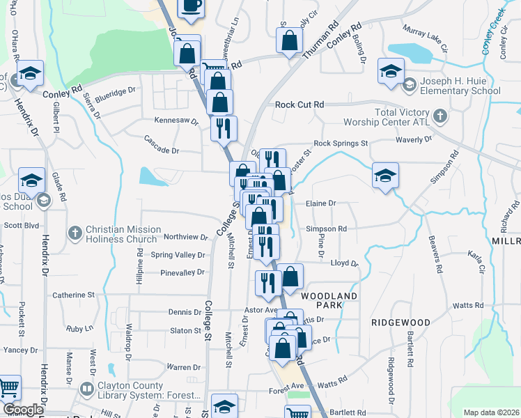 map of restaurants, bars, coffee shops, grocery stores, and more near 4478 Jonesboro Road in Forest Park