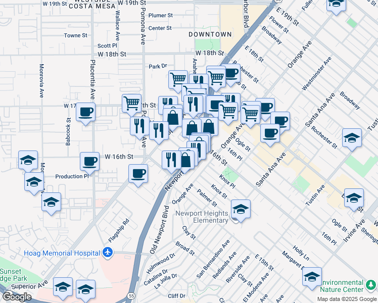 map of restaurants, bars, coffee shops, grocery stores, and more near 1555 Newport Boulevard in Costa Mesa