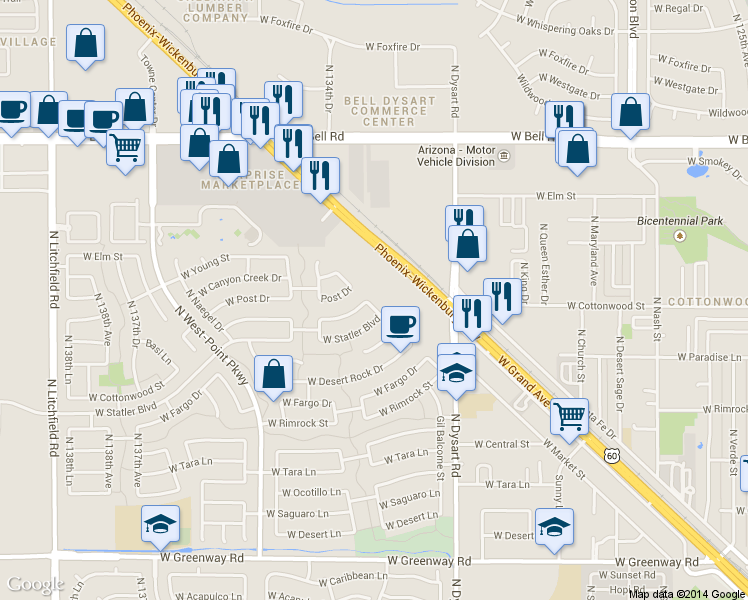 map of restaurants, bars, coffee shops, grocery stores, and more near 13274 W Market St in Surprise