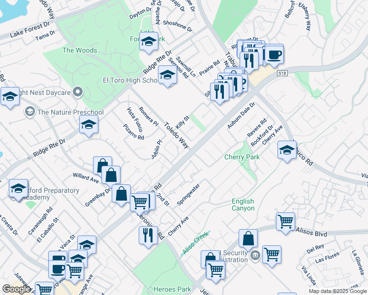 map of restaurants, bars, coffee shops, grocery stores, and more near 22701 Via Castilla in Lake Forest