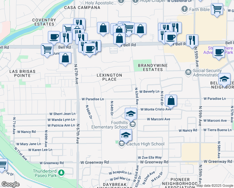 map of restaurants, bars, coffee shops, grocery stores, and more near 6421 West Beverly Lane in Glendale