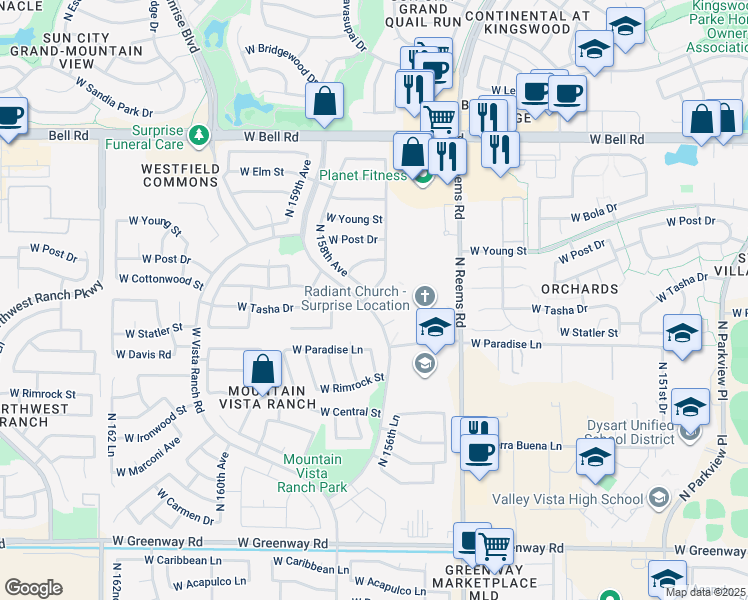 map of restaurants, bars, coffee shops, grocery stores, and more near 16505 North 157th Avenue in Surprise