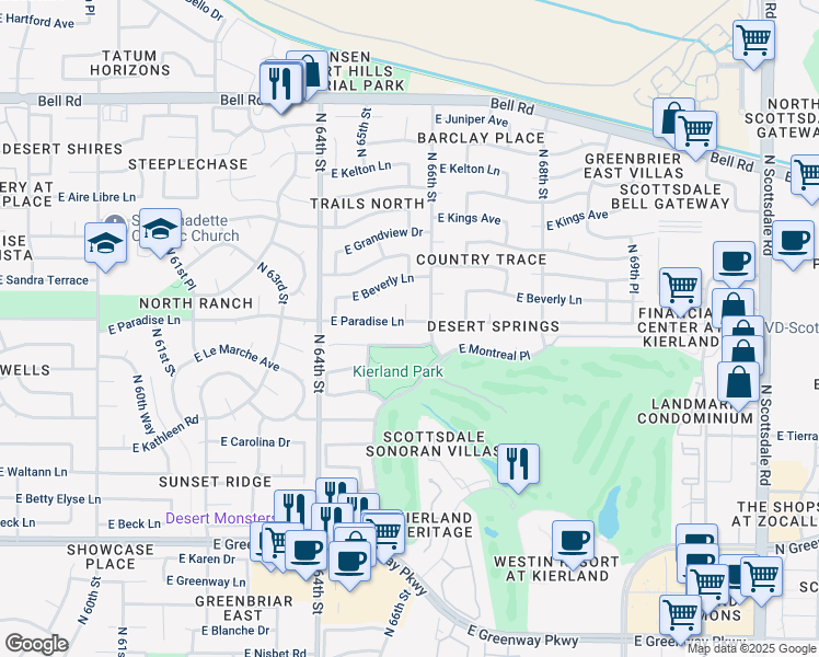 map of restaurants, bars, coffee shops, grocery stores, and more near 6547 East Paradise Lane in Scottsdale
