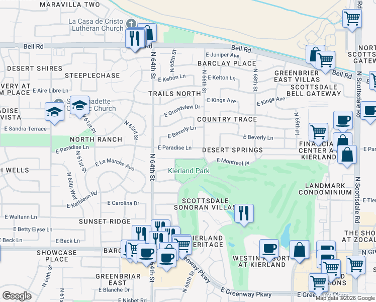 map of restaurants, bars, coffee shops, grocery stores, and more near 6507 East Paradise Lane in Scottsdale