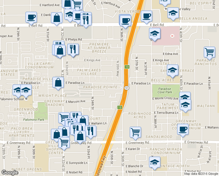 map of restaurants, bars, coffee shops, grocery stores, and more near 3512 East Le Marche Avenue in Phoenix