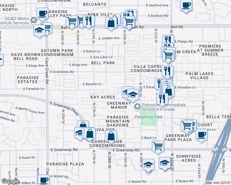 map of restaurants, bars, coffee shops, grocery stores, and more near 2814 East Le Marche Avenue in Phoenix