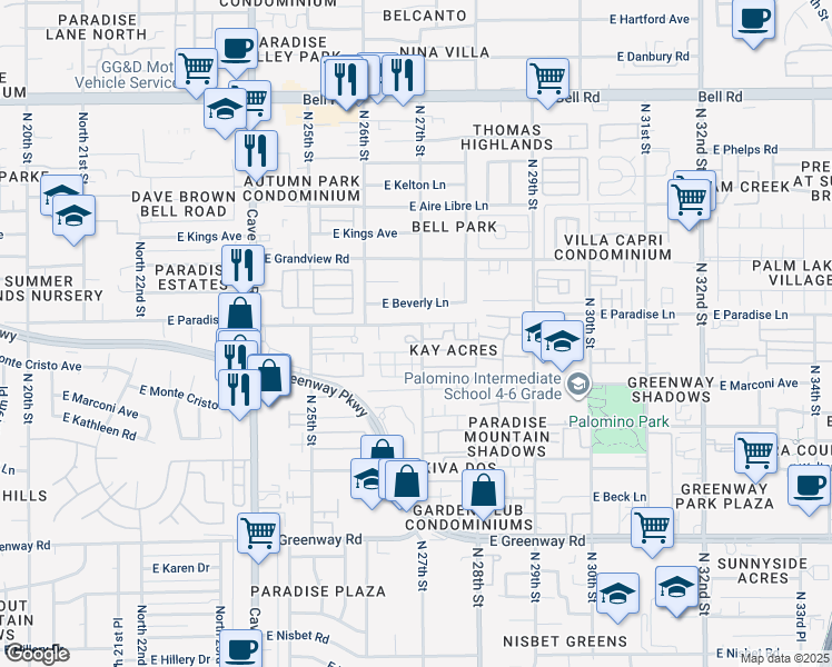 map of restaurants, bars, coffee shops, grocery stores, and more near 16040 North 27th Street in Phoenix