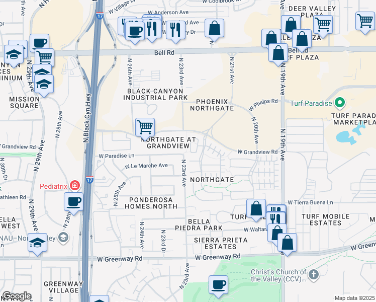 map of restaurants, bars, coffee shops, grocery stores, and more near 2301 West Paradise Lane in Phoenix