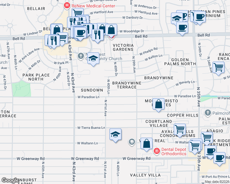 map of restaurants, bars, coffee shops, grocery stores, and more near 4041 West Beverly Lane in Phoenix