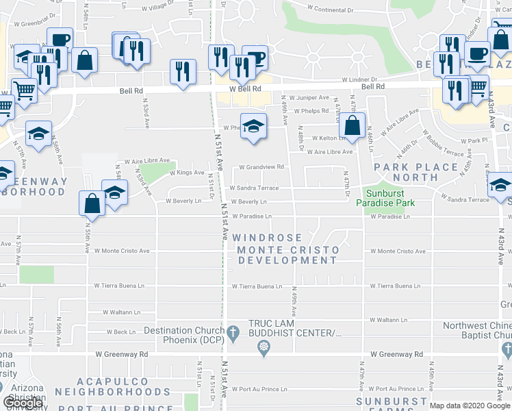 map of restaurants, bars, coffee shops, grocery stores, and more near 5021 West Beverly Lane in Glendale