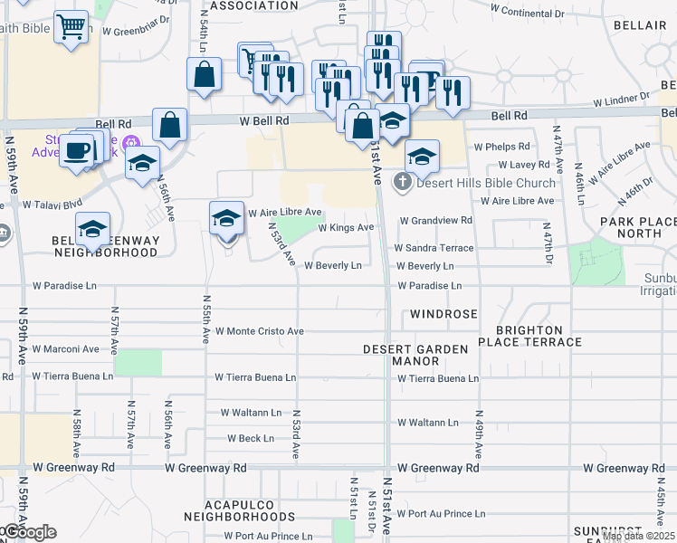 map of restaurants, bars, coffee shops, grocery stores, and more near 5129 West Beverly Lane in Glendale