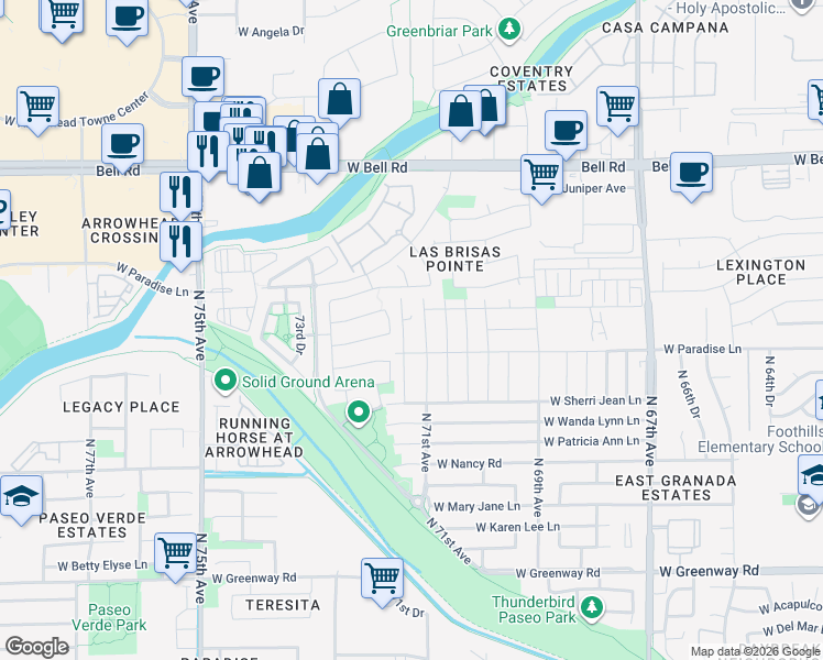 map of restaurants, bars, coffee shops, grocery stores, and more near 16227 North 71st Drive in Peoria