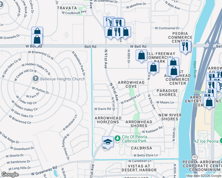map of restaurants, bars, coffee shops, grocery stores, and more near 16569 North 91st Drive in Peoria