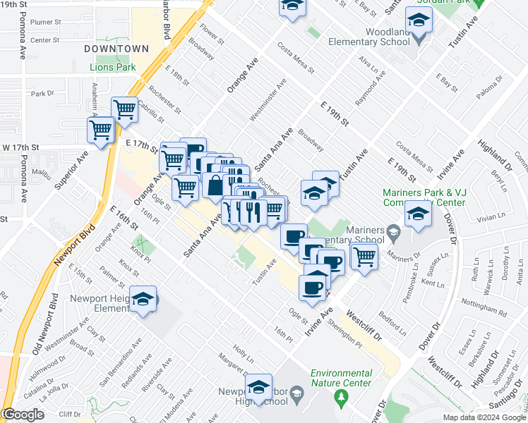 map of restaurants, bars, coffee shops, grocery stores, and more near 329 Cabrillo Street in Costa Mesa