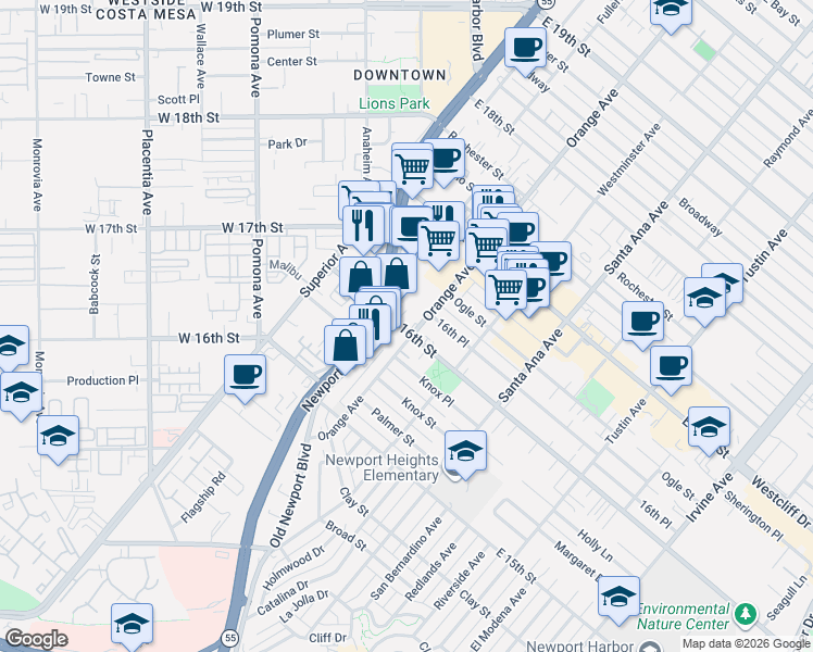 map of restaurants, bars, coffee shops, grocery stores, and more near 1612 Orange Avenue in Costa Mesa