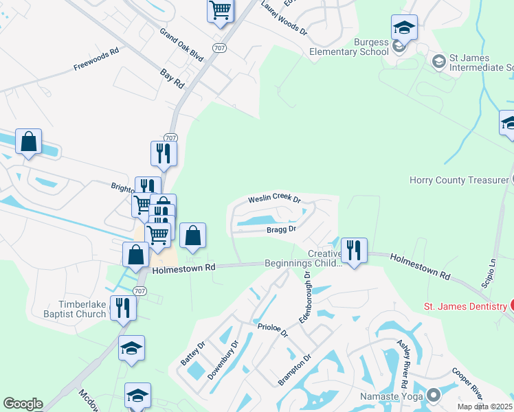 map of restaurants, bars, coffee shops, grocery stores, and more near 1038 Weslin Creek Drive in Myrtle Beach