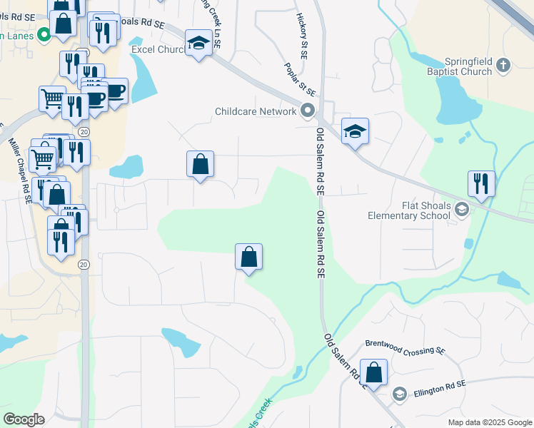 map of restaurants, bars, coffee shops, grocery stores, and more near 2165 Old Salem Road Southeast in Conyers