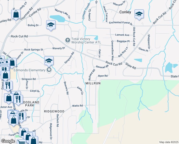 map of restaurants, bars, coffee shops, grocery stores, and more near 4479 Richard Road in Conley