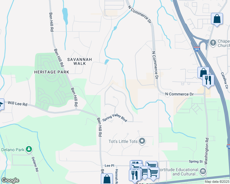 map of restaurants, bars, coffee shops, grocery stores, and more near 3425 Ethan Allen Drive in College Park