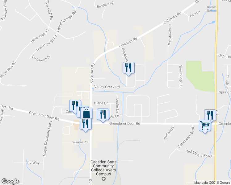 map of restaurants, bars, coffee shops, grocery stores, and more near 1825 Edwardian Way in Anniston