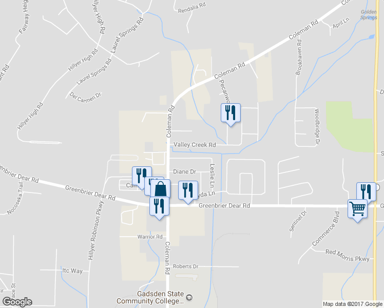 map of restaurants, bars, coffee shops, grocery stores, and more near 1801 Edwardian Way in Anniston