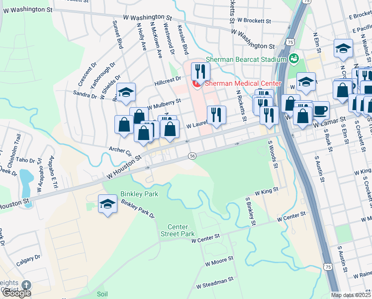 map of restaurants, bars, coffee shops, grocery stores, and more near 123 South Mc Kown Avenue in Sherman