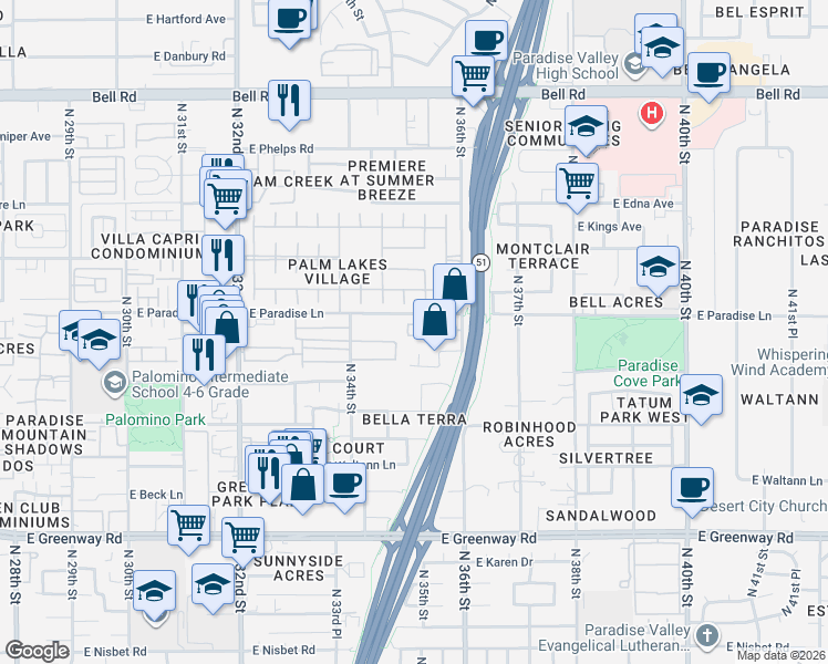 map of restaurants, bars, coffee shops, grocery stores, and more near 3512 East Le Marche Avenue in Phoenix