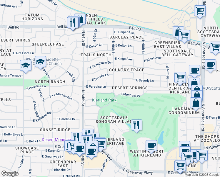 map of restaurants, bars, coffee shops, grocery stores, and more near 6547 East Paradise Lane in Scottsdale