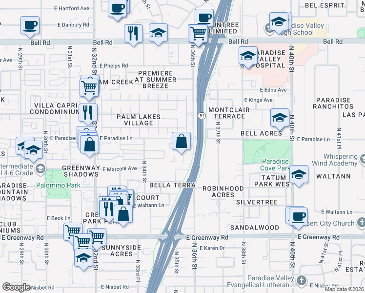 map of restaurants, bars, coffee shops, grocery stores, and more near 3536 East Le Marche Avenue in Phoenix