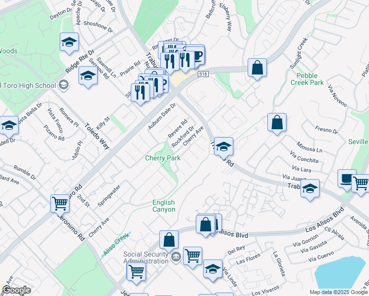 map of restaurants, bars, coffee shops, grocery stores, and more near 22725 Brookhaven in Lake Forest