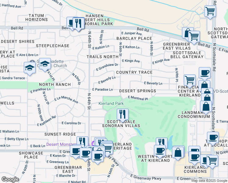 map of restaurants, bars, coffee shops, grocery stores, and more near 6547 East Paradise Lane in Scottsdale