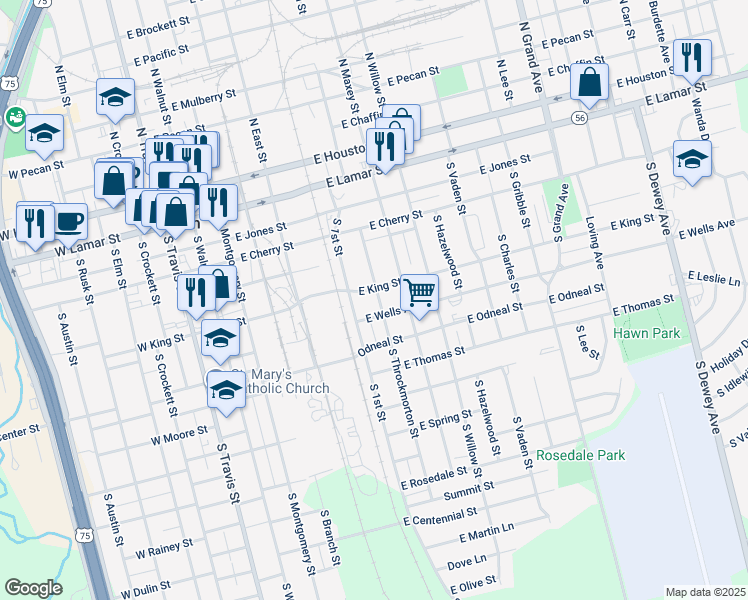 map of restaurants, bars, coffee shops, grocery stores, and more near 608 South Throckmorton Street in Sherman