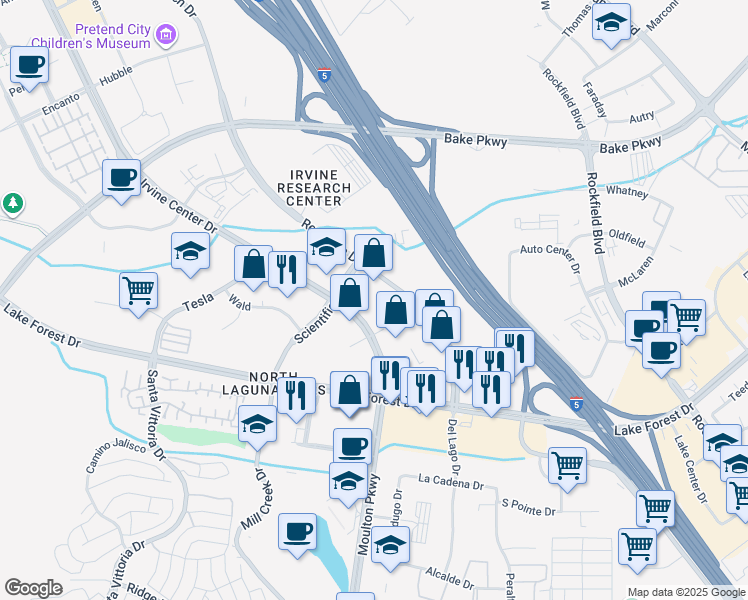 map of restaurants, bars, coffee shops, grocery stores, and more near 9780 Research Drive in Irvine