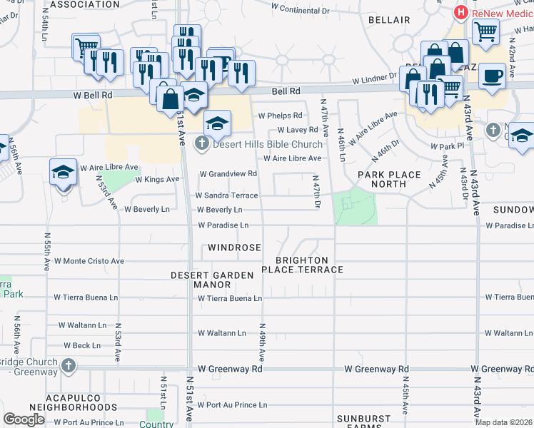 map of restaurants, bars, coffee shops, grocery stores, and more near 4857 West Beverly Lane in Glendale