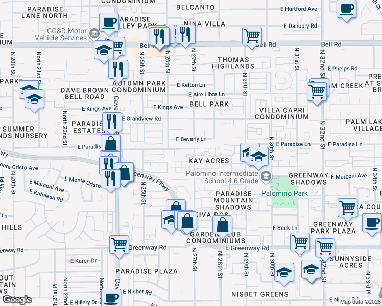 map of restaurants, bars, coffee shops, grocery stores, and more near 16040 North 27th Street in Phoenix