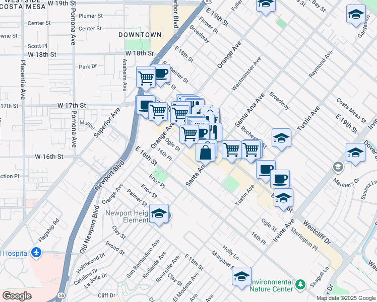 map of restaurants, bars, coffee shops, grocery stores, and more near 250 Ogle Street in Costa Mesa