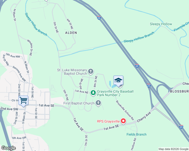 map of restaurants, bars, coffee shops, grocery stores, and more near 340 8th Street Northeast in Graysville