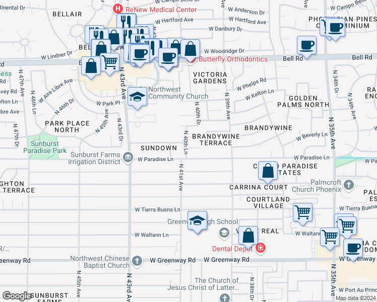 map of restaurants, bars, coffee shops, grocery stores, and more near 4041 West Beverly Lane in Phoenix