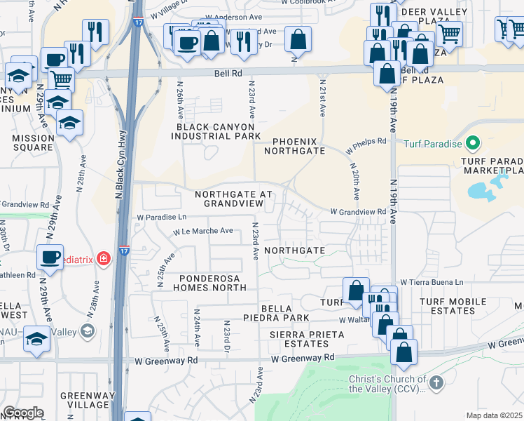 map of restaurants, bars, coffee shops, grocery stores, and more near 2301 West Paradise Lane in Phoenix