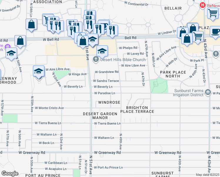 map of restaurants, bars, coffee shops, grocery stores, and more near 4939 West Beverly Lane in Glendale